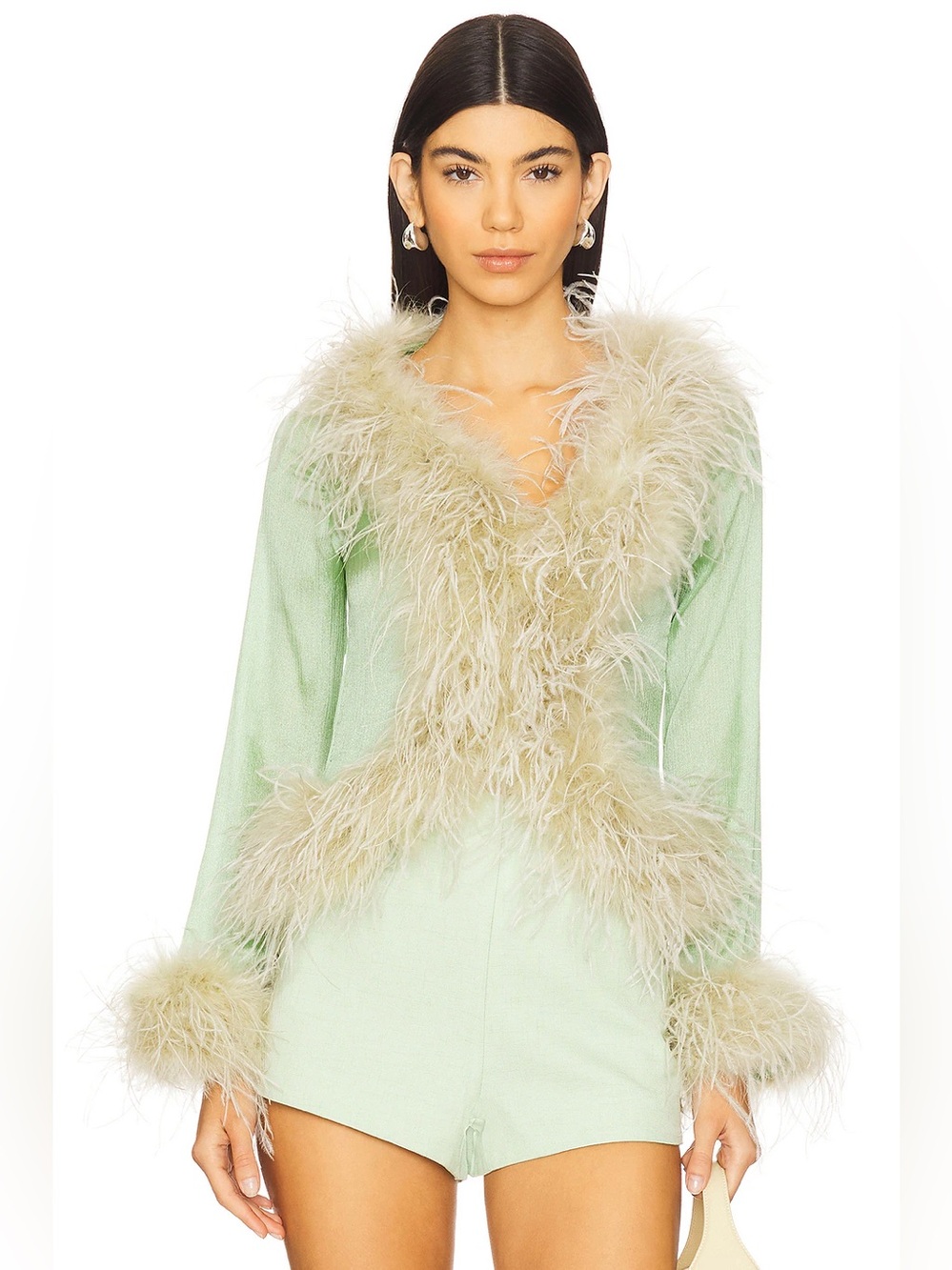 Bubish Gigi Feather Blouse Pistachio Ostrich Trim REVOLVE $429